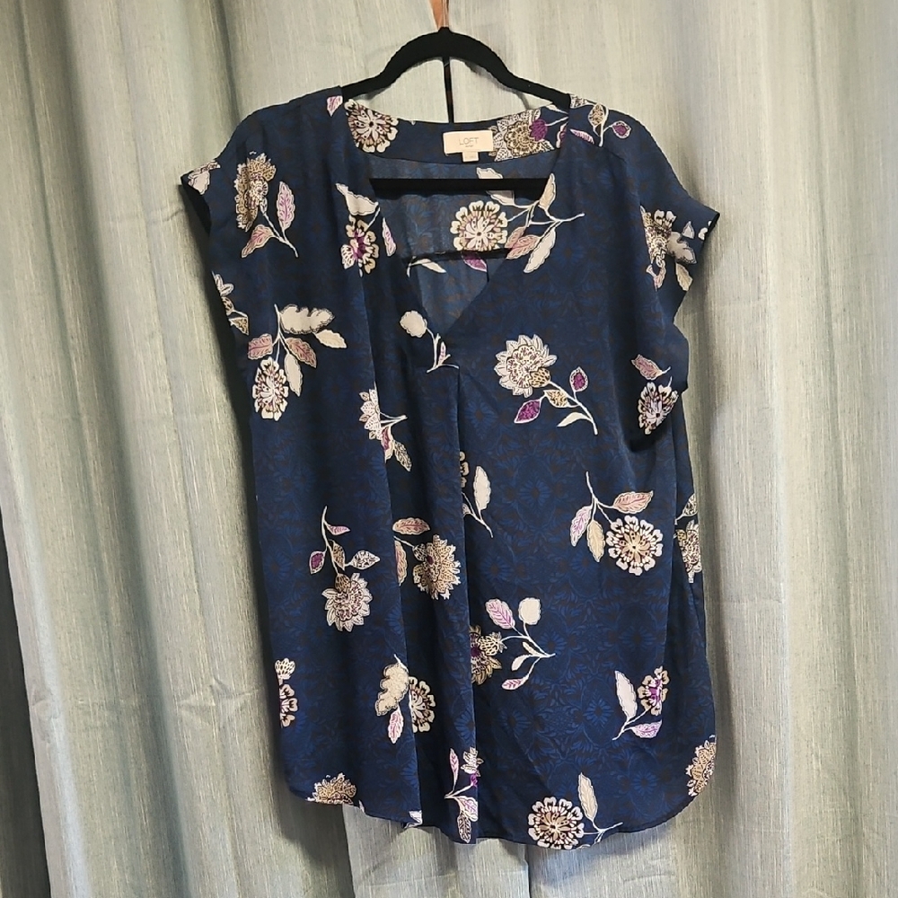 LOFT Navy Blue Floral Cap-Sleeve Blouse